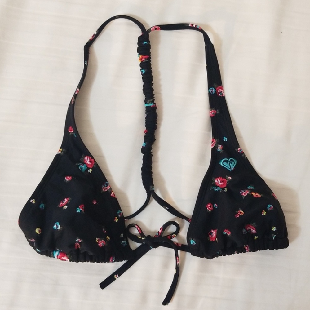 Roxy Black Floral Tie Front Bikini Top